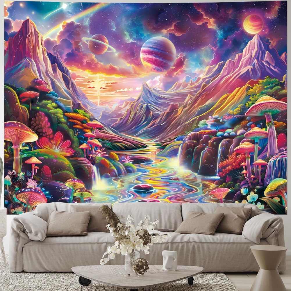 Lahasbja Blacklight Galaxy Planet Tapestry UV Reactive Mushroom Wall Hanging Fantasy Starry Stars Mountain Landscape Blacklight Poster Rainbow River Scenery Background for Bedroom