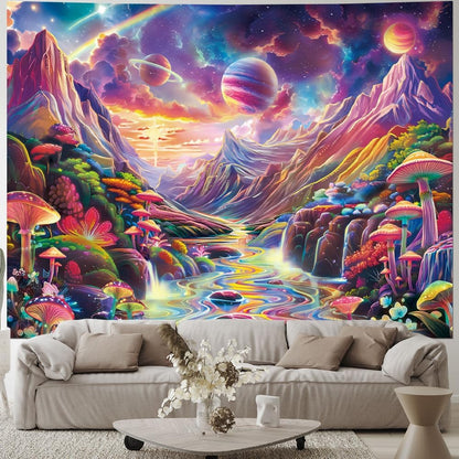 Lahasbja Blacklight Galaxy Planet Tapestry UV Reactive Mushroom Wall Hanging Fantasy Starry Stars Mountain Landscape Blacklight Poster Rainbow River Scenery Background for Bedroom