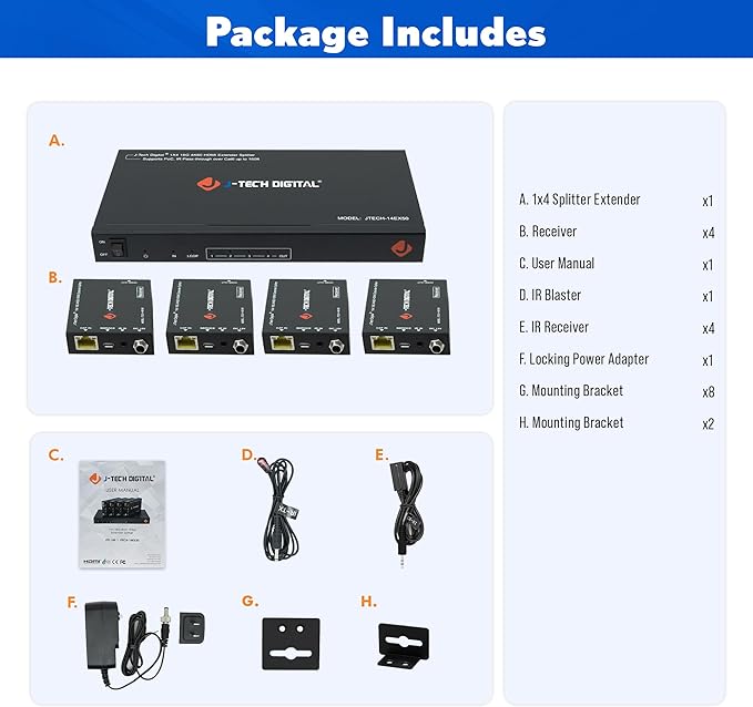 J-Tech Digital HDMI 2.0 4K 1x4 Splitter Extender Over Single Cable CAT6 - Image 9