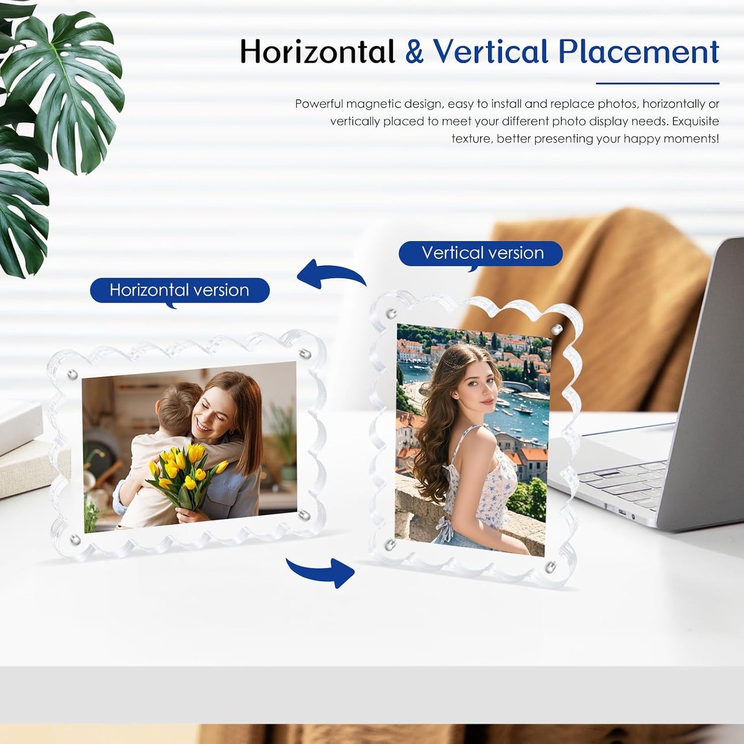 Scalloped Magnetic Picture Frame 4x6 Inch-2Pack Photo Frames | Clear frame,20mm Thick Double-Sided Magnet Design, Horizontal/Vertical Stand,Trendy Desktop Display for Home/Office Decor