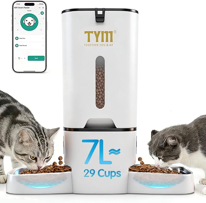 TYM Dual Automatic Cat Feeder for 2 Cats, 7L WiFi Cat Food Dispenser by TYM
