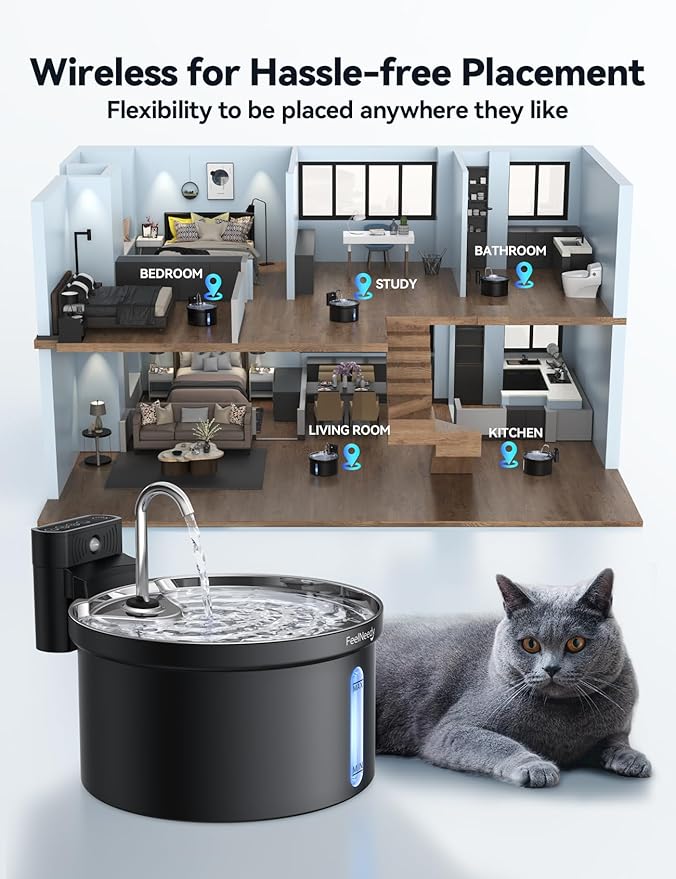 Wireless Cat Water Fountain FEELNEEDY 4000mAh Battery Operated Cat Fountain - Image 2