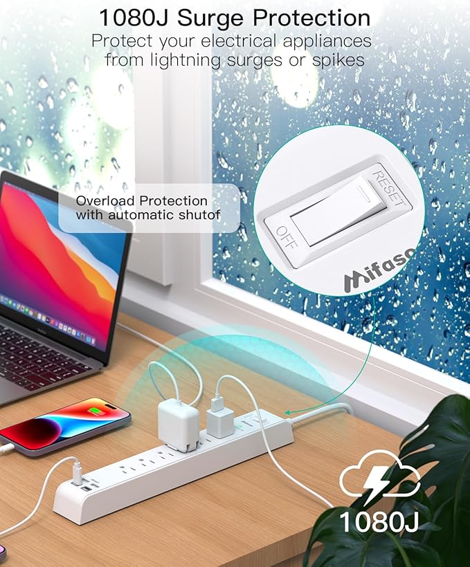 2 Pack Power Strip Surge Protector, 15FT Long Extension Cord, Surge Protector - Image 4