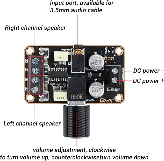 DROK 5W+5W Mini Amplifier Board 2pcs PAM8406 Audio Amplifier Board DC 5V - Image 3