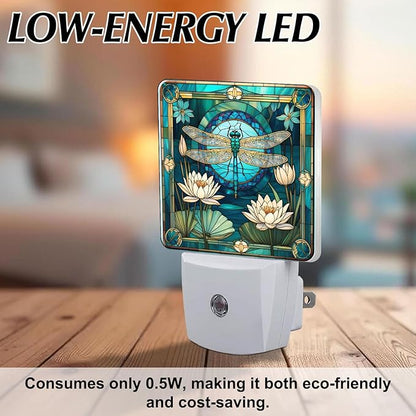 PODMemory Dragonfly & Flowers Stained Glass Night Lights Plug into Wall - Image 6