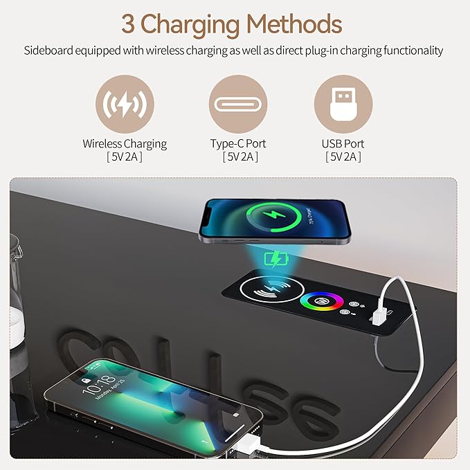 40" Wood LED Coffee Bar with Wireless Charging Station, Kitchen Storage Coffee - Image 6