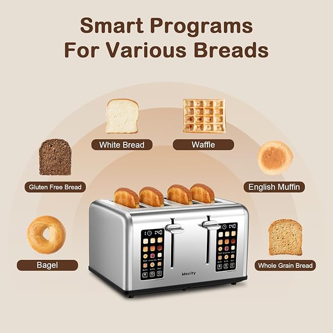 Mecity 4 Slice Toaster with Touch Screen Control, 4 Wide Slots, Stainless Steel - Image 3