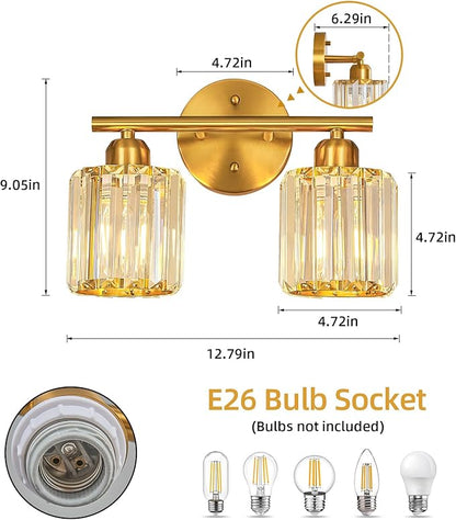 FDPBY Modern 2 Light Crystal Vanity Light, Brushed Gold Vertical Bathroom Light - Image 3