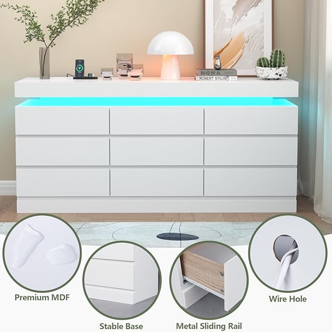 9 Drawer Dresser with Power Outlet, Dresser with LED Light, Modern Chest of - Image 6