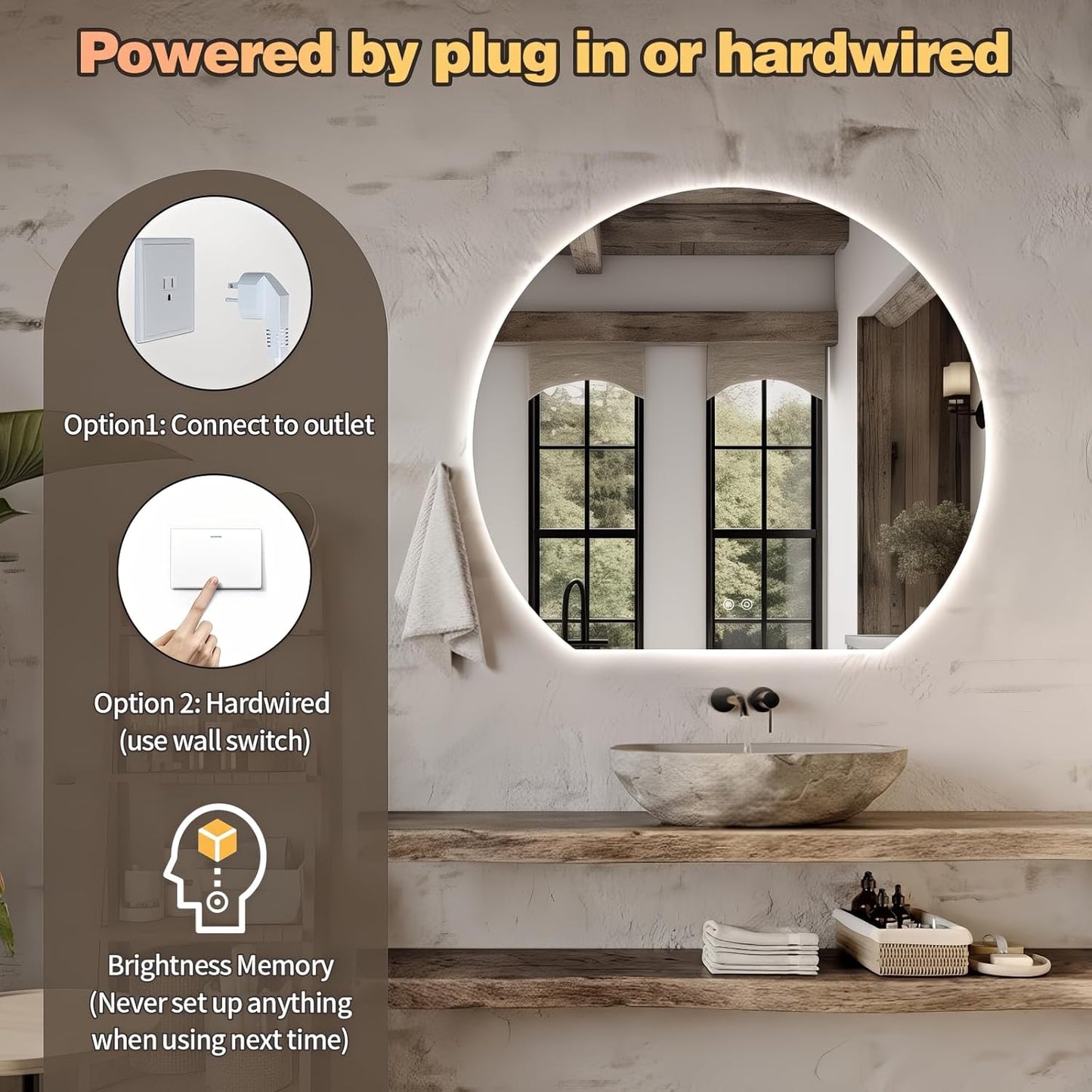 Niccy Round LED Bathroom Mirrors, Half Circle Backlit Mirror, 36" | Frameless Half Moon Mirror for Bathroom Wall, 3 Color Dimmable Anti-Fog Makeup Mirror, Explosion-Proof