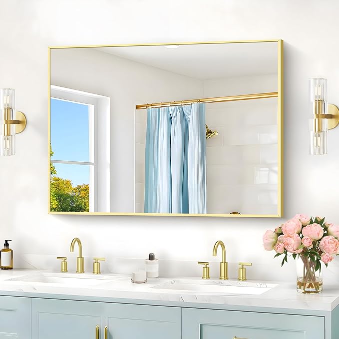 30x40In Gold Bathroom Mirror for Wall, Brushed Gold Rectangle Mirrors - Image 2