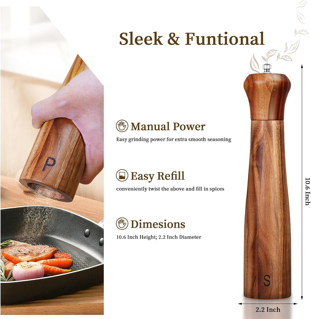 Haomacro 2 Pack 10 Inch Acacia Wooden Salt and Pepper Grinder Set Manual