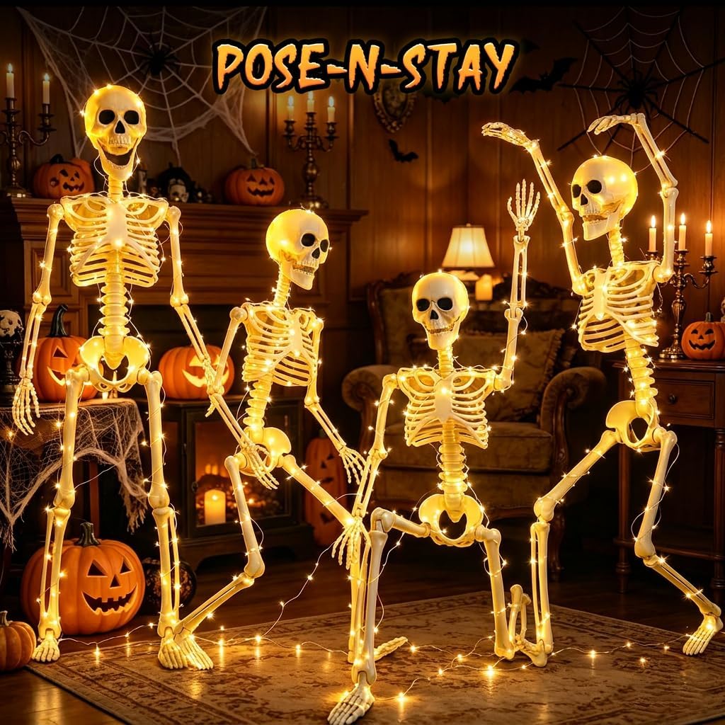 HBSTK 2 Pack 36 Inches 300 LED Light Up Halloween Skeleton Full Body Posable ...