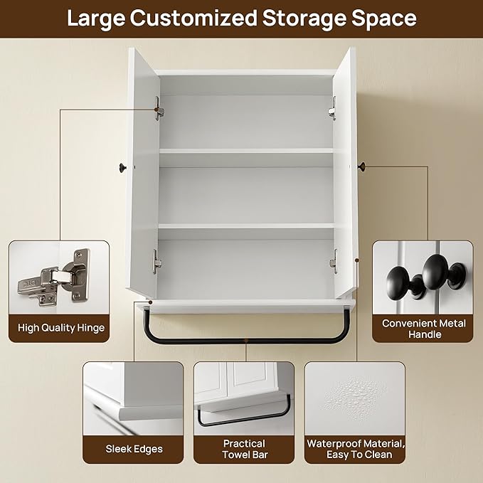 Bathroom Storage Cabinet with Adjustable Wood Shelves, Unique Arched Groove - Image 5