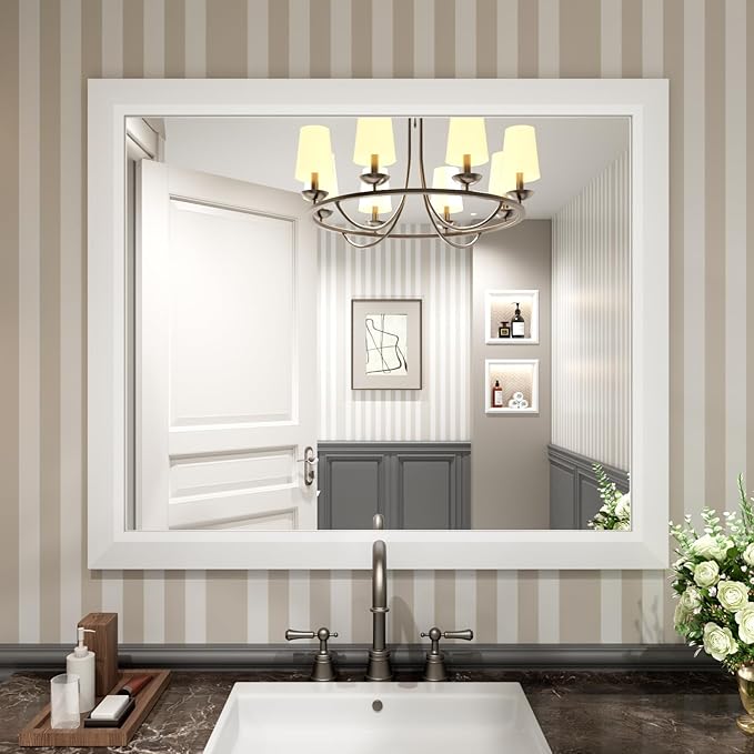 Amorho Bathroom Mirror, 40x36 Inch White Thick Metal Framed Wall Mirrors - Image 8