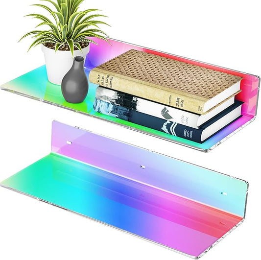 2 Pack Iridescent Acrylic Floating Shelves 15 Inches, Wall Hanging Bathroom by Sezanrpt