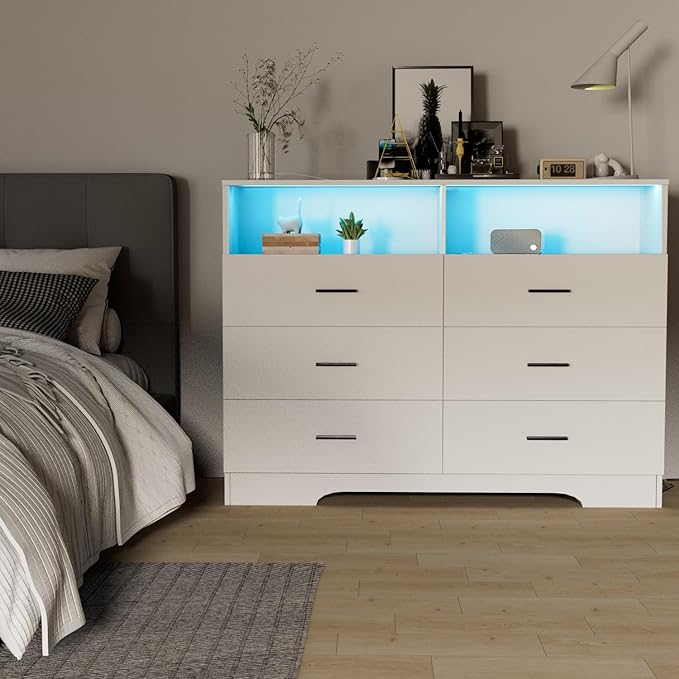 Dresser with Power Outlets and LED Lights Wooden 6 Drawer Dresser with Large - Image 7