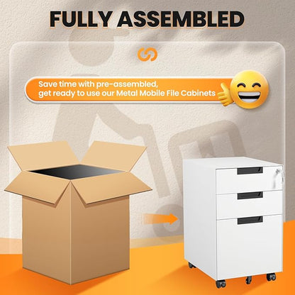 3 Drawer File Cabinet with Lock, Fully Assembled Metal Mobile Filing Cabinets - Image 7