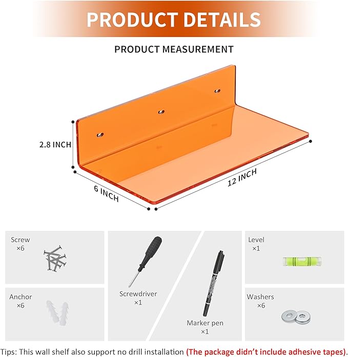 12 Inches Small Orange Wall Shelves Set of 2, Acrylic Floating Shelf - Image 2