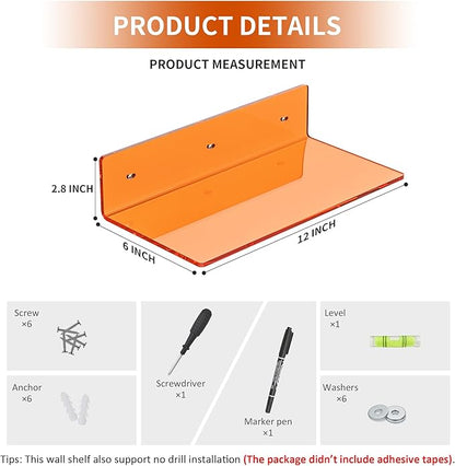 12 Inches Small Orange Wall Shelves Set of 2, Acrylic Floating Shelf - Image 2