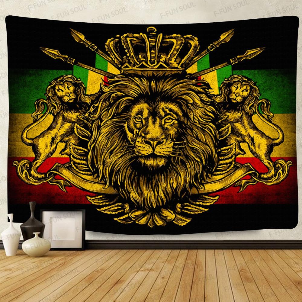 F-FUN SOUL Rasta Rastafarian Tapestry, 40x30inches, Lion Crown Flag Hippie Art Wall Hanging Tapestries for Living Room Bedroom Decor Banner