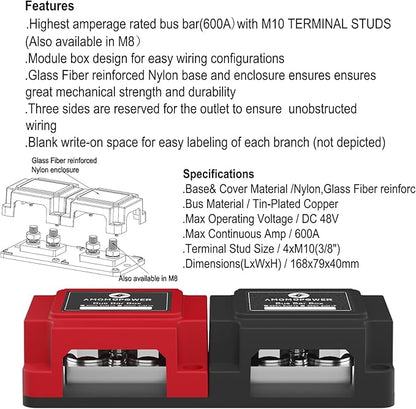AMOMD 600A 48V Bus Bar Box 4 Stud M10 High Current Tin Plated Copper - Image 8