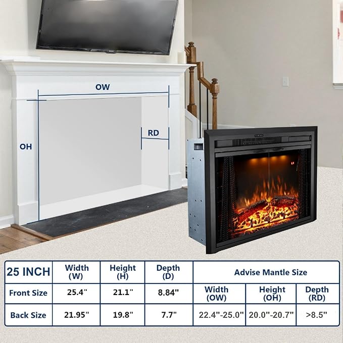 25.4 Inches Electric Fireplace Insert, 750W/1500W Fireplace Heater - Image 5