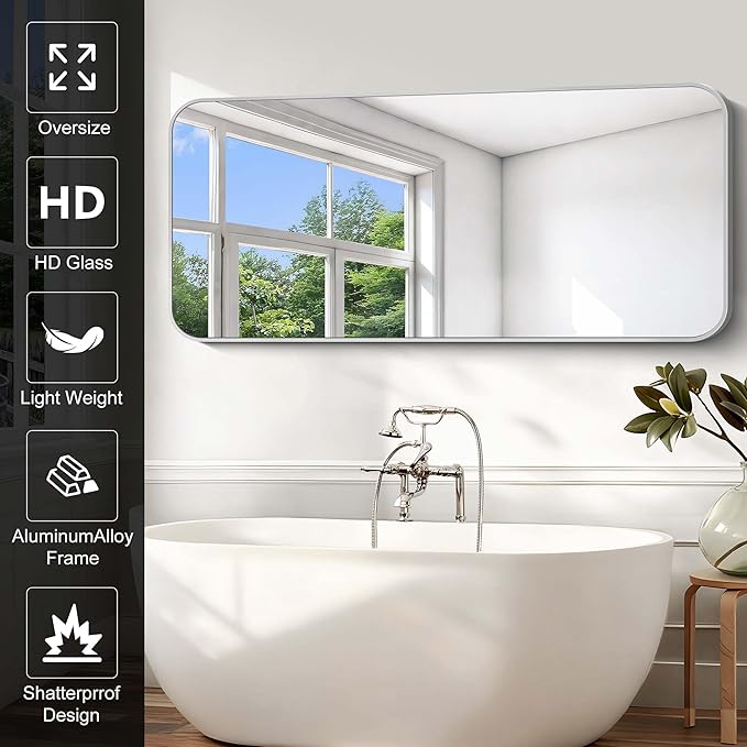 Silver Bathroom Mirror, 72 x 30 Inch Large Rectangle Mirror, Rectangular Vanity - Image 3
