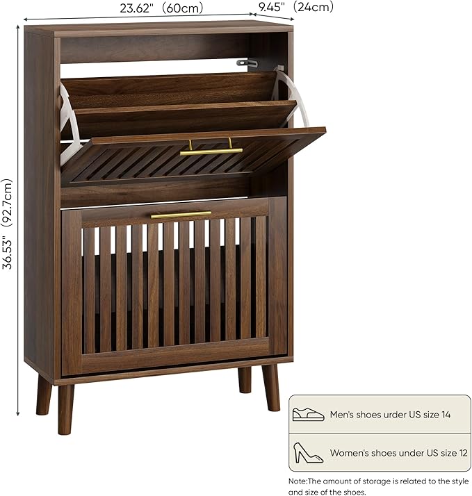 Shoe Cabinet with 2 Flip Slatted Drawers, Farmhouse Slim Shoe Organizer Rack - Image 2