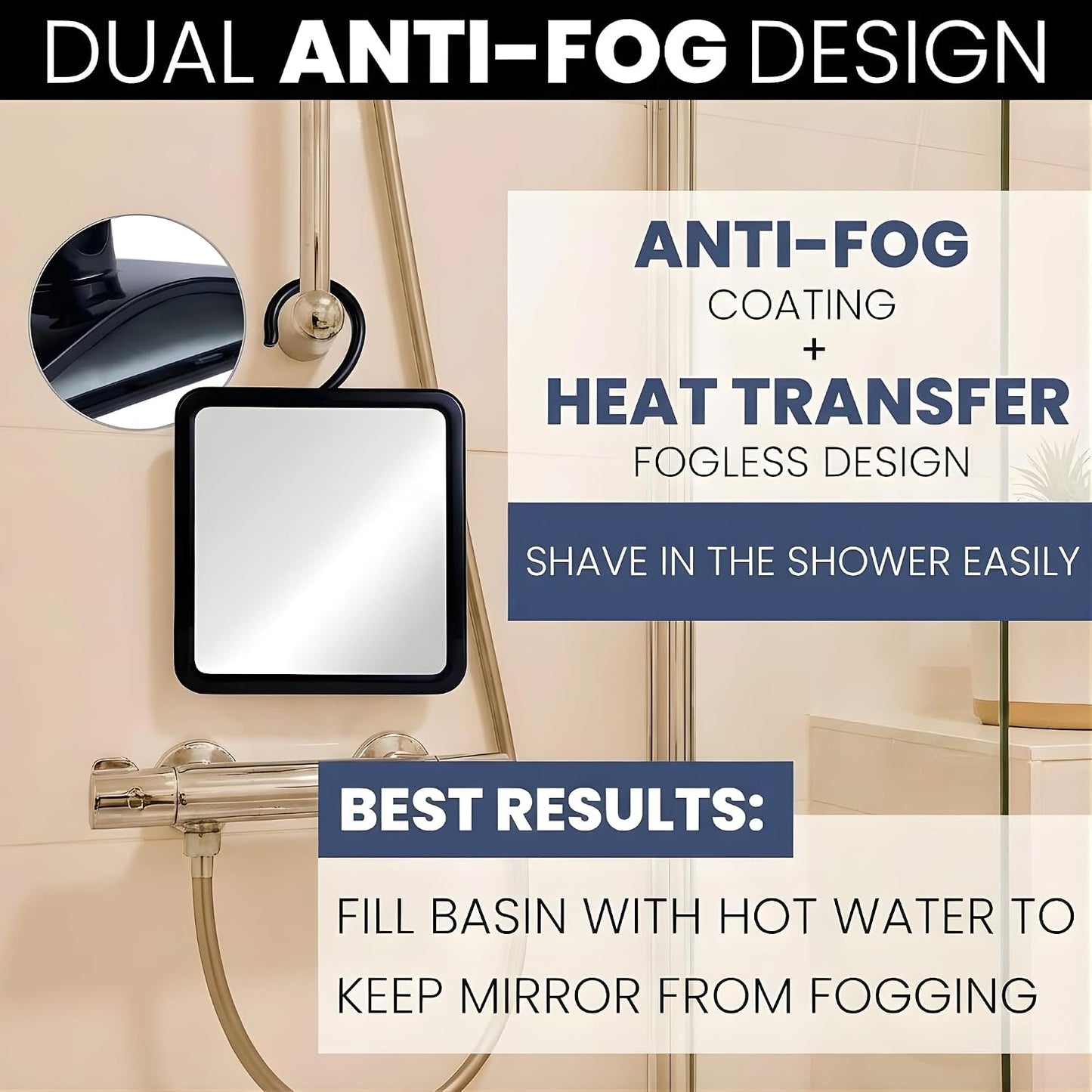 Fogless Shower Mirror for Shaving, Dual Antifog, 8" x 7" (Black) | Hot Water Reservoir, Hanging Hook & Shatterproof Design - Fog-Free Reservoir for Clear Shaves & Lasting Bathroom Convenience