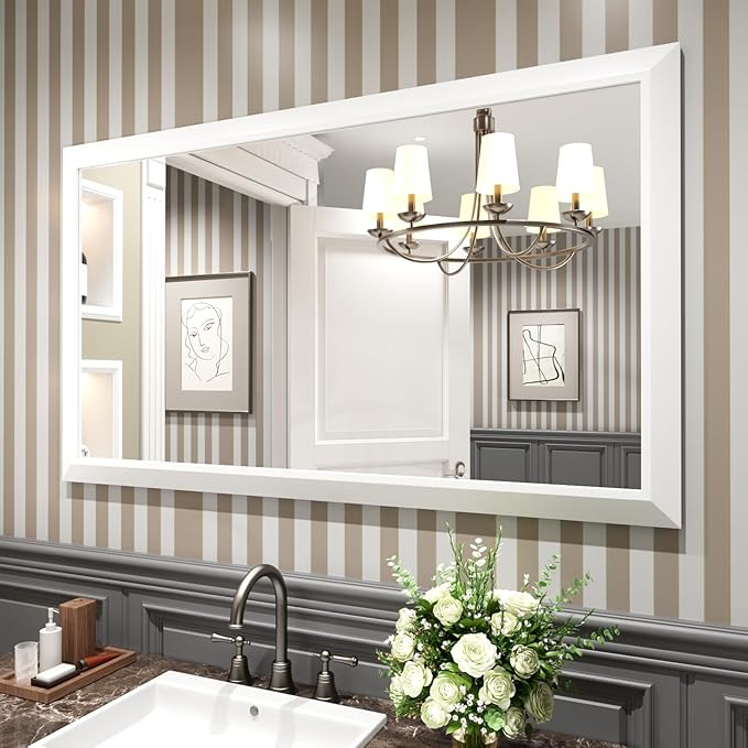 Amorho Bathroom Mirror, 55x32 Inch White Thick Metal Framed Wall Mirrors by Amorho