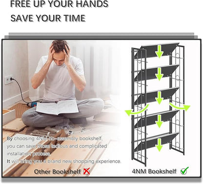 4NM No Assembly 5 Tiers Folding Bookshelf, 59.4" H Foldable Storage Shelves - Image 6