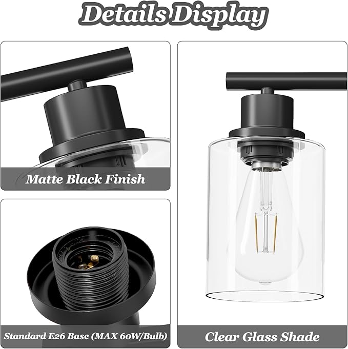 Guliaofo 3-Light Black Vanity Lights, E26 Modern Bathroom Light Fixtures - Image 3