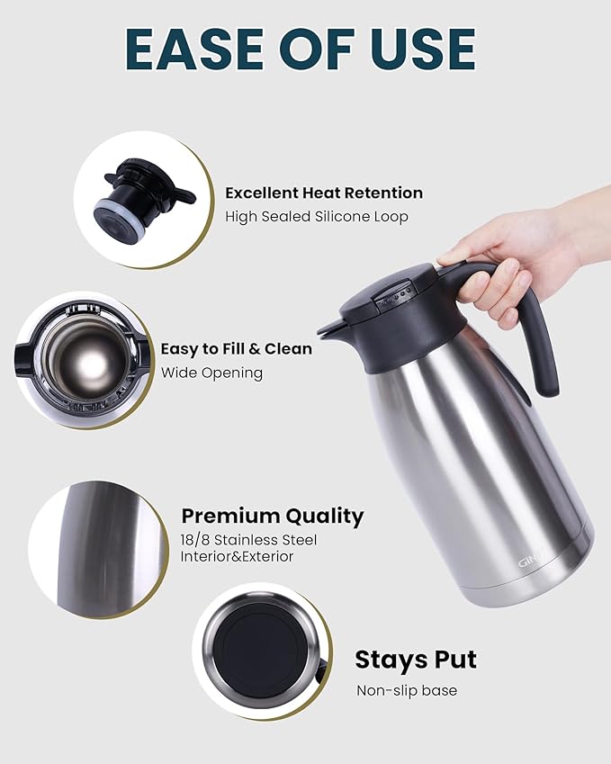 GiNT 64Oz Thermal Coffee Carafe, Insulated Stainless Steel Coffee Carafes - Image 4