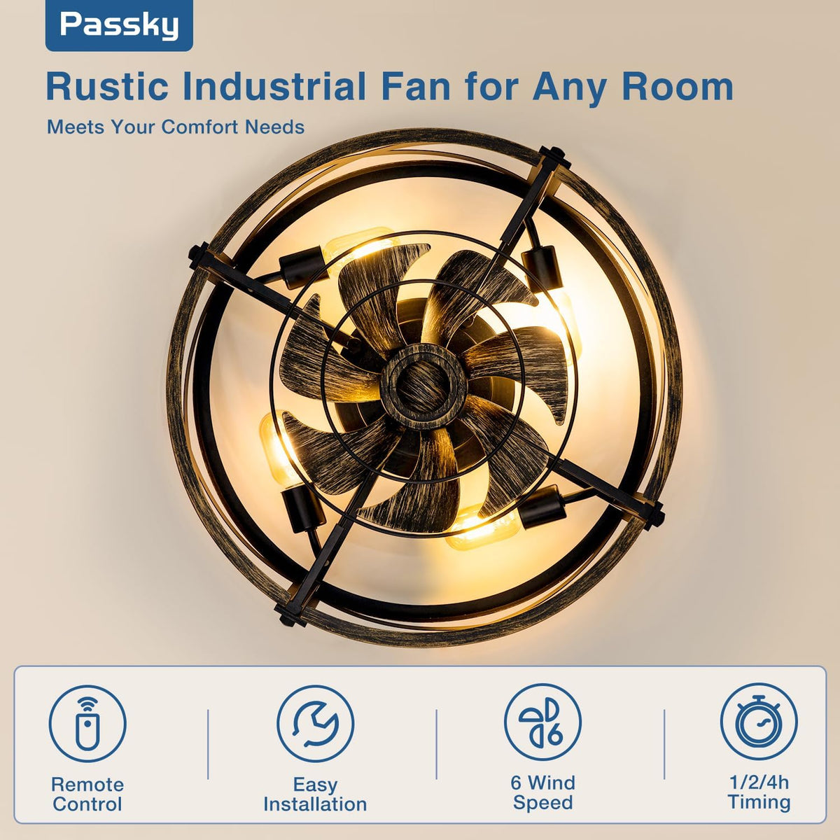 Passky 20" Caged Ceiling Fans with Lights and Remote, Low Profile Fandelier