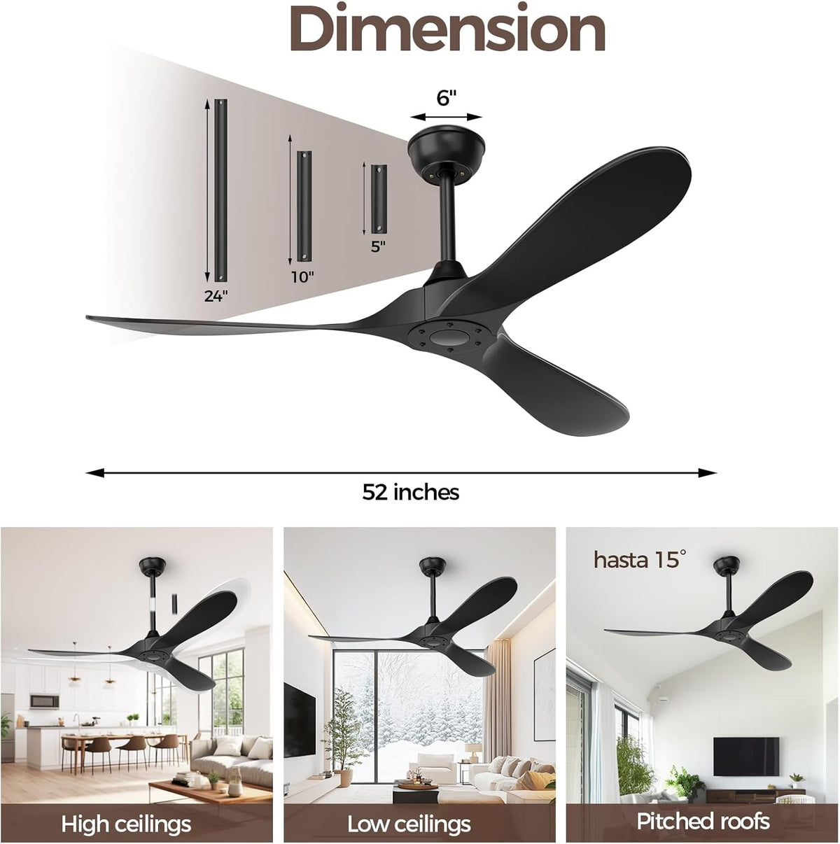 Obabala Black Outdoor Ceiling Fan, 52 in Ceiling Fans No Light with Remote Co...