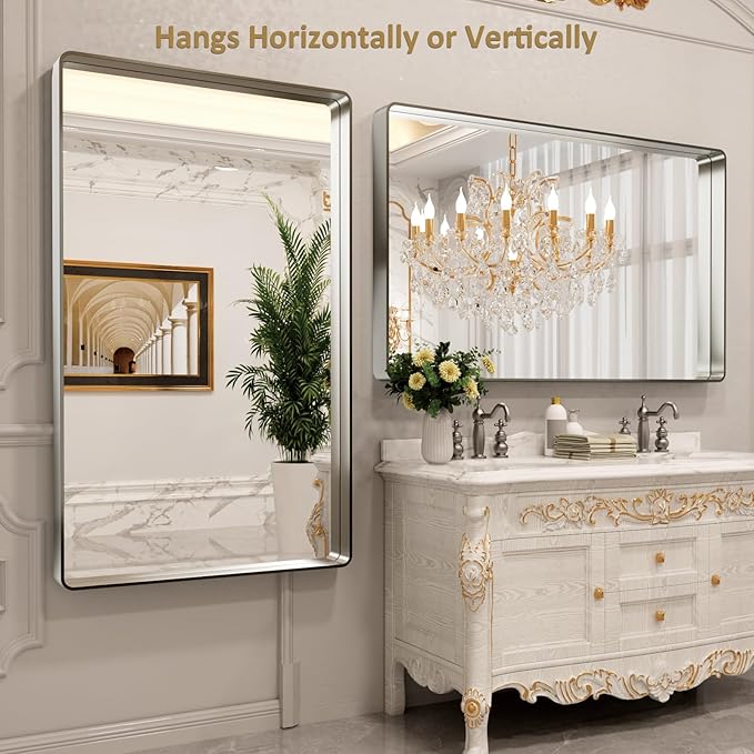 LOAAO 60X30 Inch Brushed Nickel Bathroom Mirror, Rounded Rectangle Silver Metal - Image 4