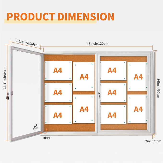 Lockable Outdoor Enclosed Bulletin Board, Weatherproof Cork Noticeboard - Image 4