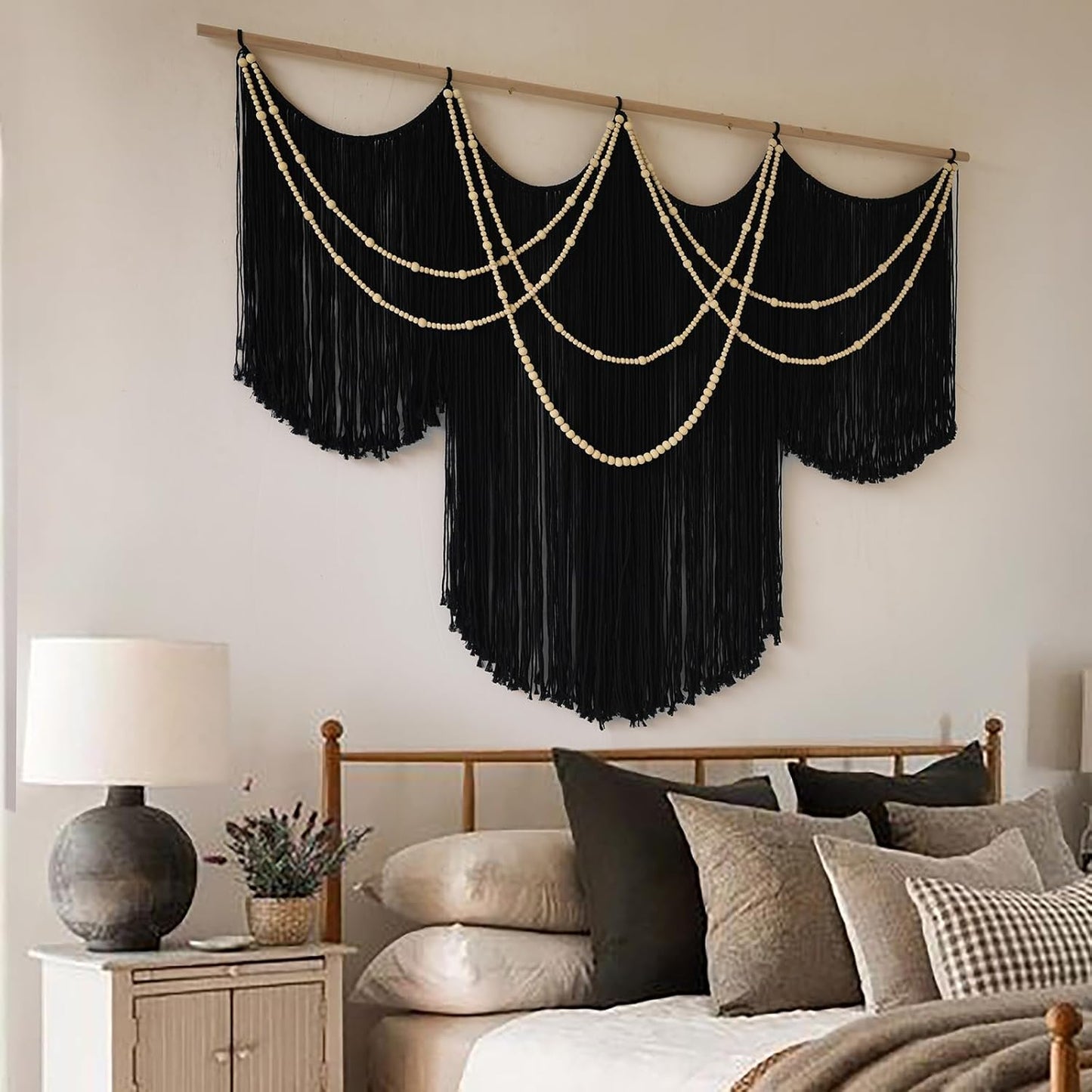 Macrame Wall Hanging Black Yarn Tapestry Boho Fiber Art Decor 57"W*43"L | Black Wall Hanging, Woven Fiber Art, Handmade Cotton Decor, Modern Boho Style, Statement Wall Accent, Handmade Craft