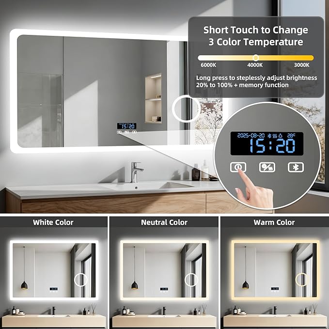 LUVODI Bathroom LED Wall Mirror: 48x24 inch Rectangle Makeup Vanity - Image 6