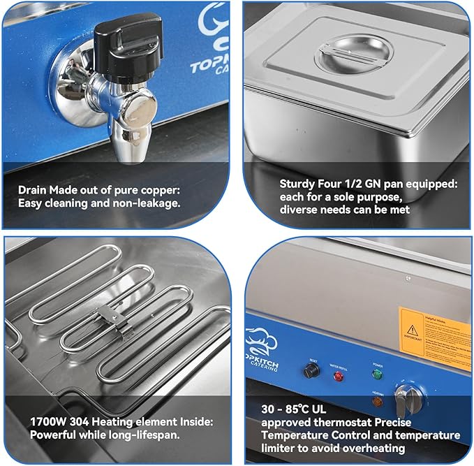 4 Pan Commercial Food Warmer, Electric Countertop Bain Marie Stainless Steel - Image 5