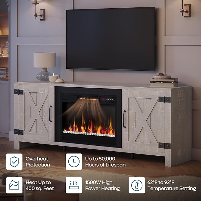 Bestier 63" Fireplace TV Stand for TVs Up to 70", Farmhouse Barn Door - Image 4