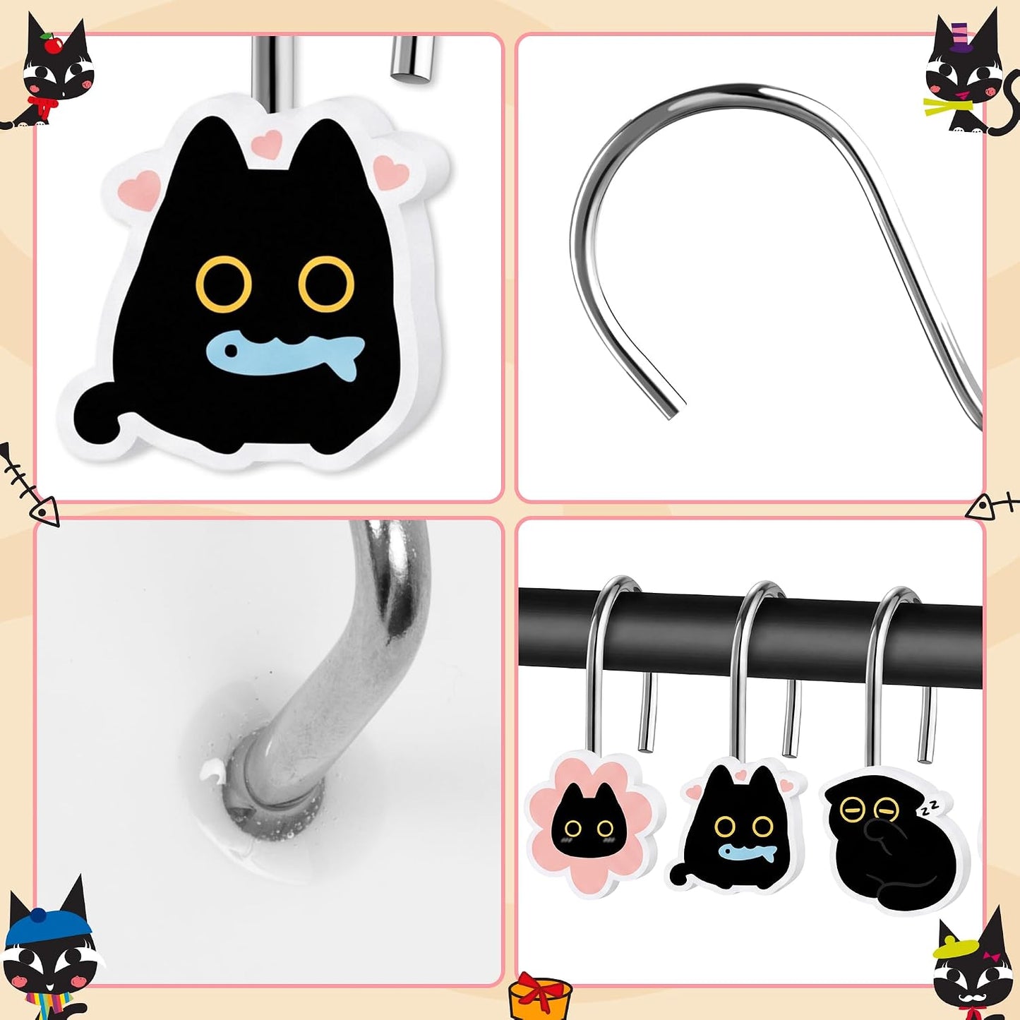 MALLMALL6 12Pcs Black Cat Shower Curtain Hooks Metal Rustproof Funny Decorative Pendants with Pink Flower Bread Fish for Bathroom Bedroom Room Home Lovely Decor Accessories Stainless Curtain Rings