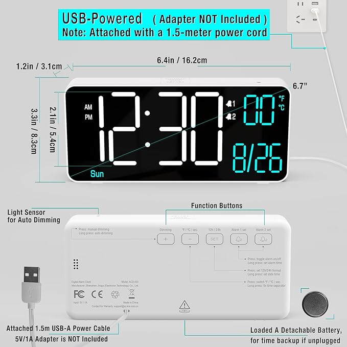 KOSUMOSU Digital Alarm Clock for Bedroom, 6.7in Small Digital Clock, Auto - Image 6