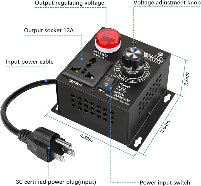 AC Variable Speed Controller, 120V~220V 15A 4000W SCR Voltage Controller - Image 2