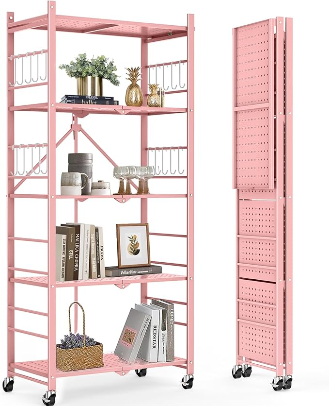 Storage Shelves with 20 Hooks, 5-Tier Foldable Shelves - Image 8