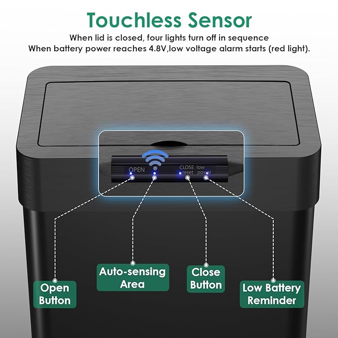 Arlopu Automatic Trash Can, Sensor Motion Stainless Steel Garbage Bin, - Image 7