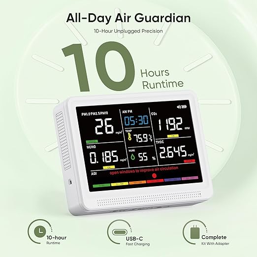 bonoch 16 in 1 Air Quality Monitor Indoor 10h-Battery & 5.5" Display 9 AQI+7 - Image 3