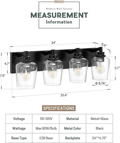 METWET Bathroom Light Fixtures, 4-Light Modern Vanity Light - Image 3