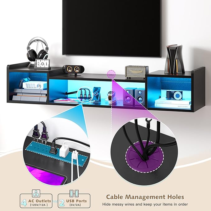 55.1"W Floating TV Stand with LED Lights & Power Outlets - Image 4